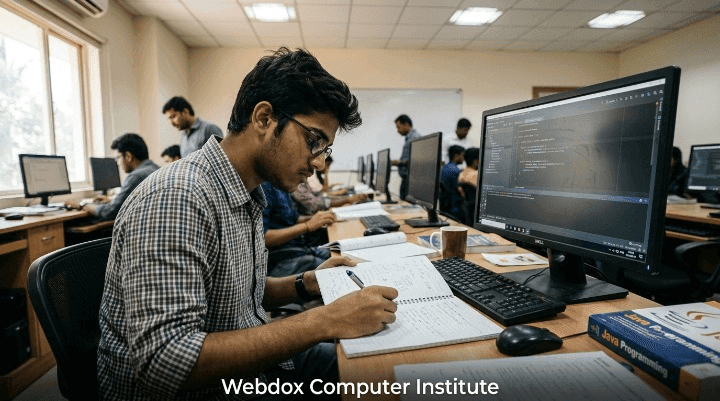 Student writing aim algorithm and Java program in practical notebook